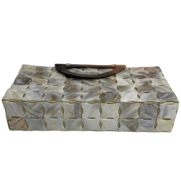 Mad Bags Handcrafted Mother Of Pearl Clutch Bag With Brown Handle Elegant Design - Picture 6 of 7